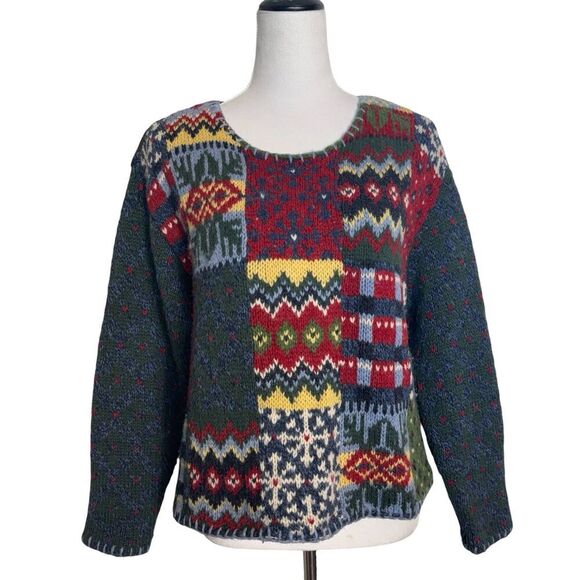 Liz Claiborne Sweaters - Vtg Liz Claiborne 100% Wool Granny Sweater MP Patchwork Hearts Winter Hand Knit